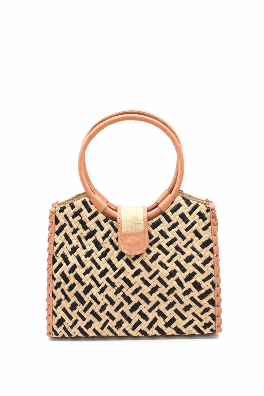 NEW SHEBOBO women's ibiza straw handbag with leather handles in black
